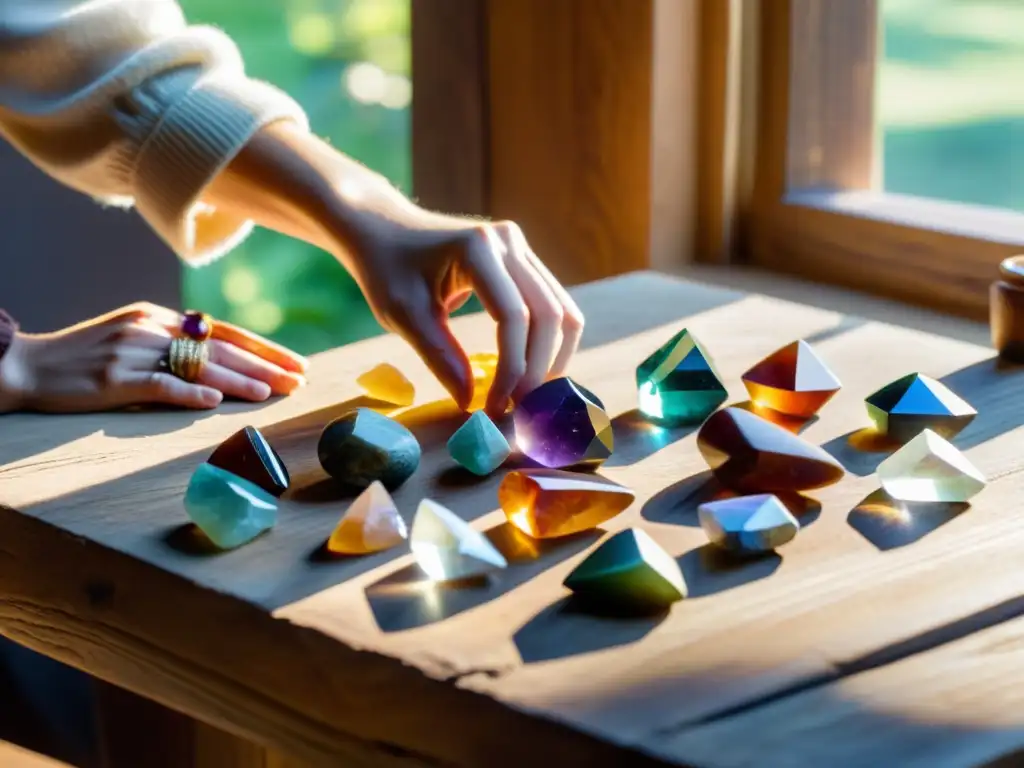 Un habilidoso artesano selecciona y dispone una variedad de poderosas piedras curativas sobre una mesa rústica de madera