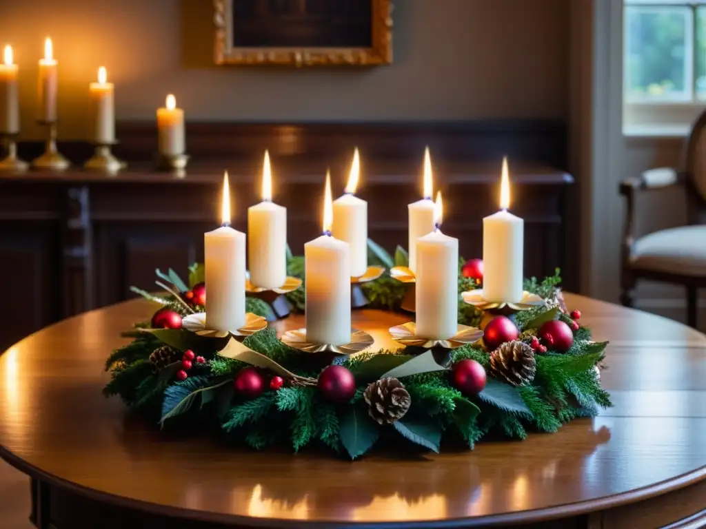 Una habitación iluminada por velas, con una hermosa corona de Adviento en el centro