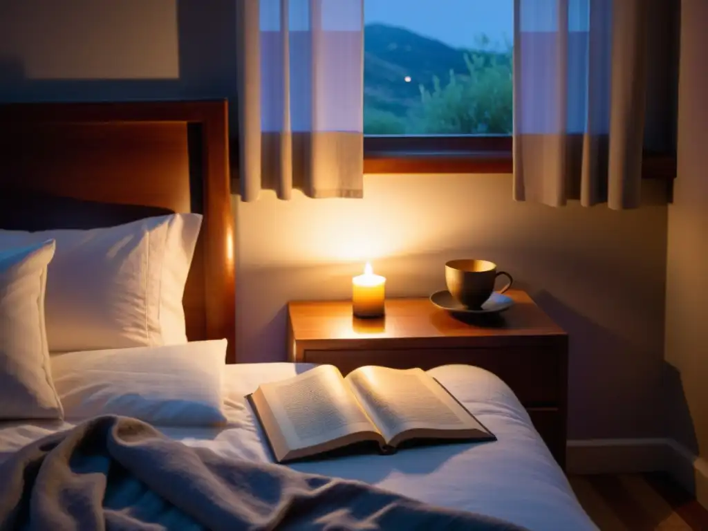 Una habitación con luz suave, cama hecha, vela encendida y libro de rituales nocturnos para promover el descanso