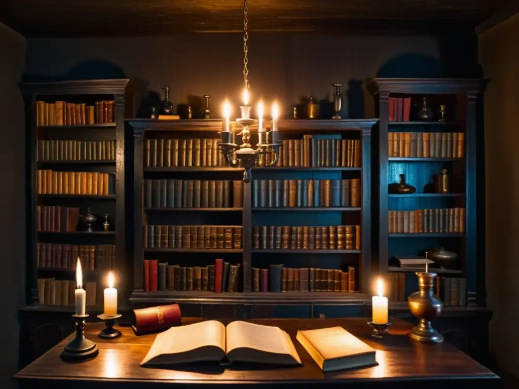 Una habitación oscura iluminada por velas, repleta de libros antiguos y objetos misteriosos