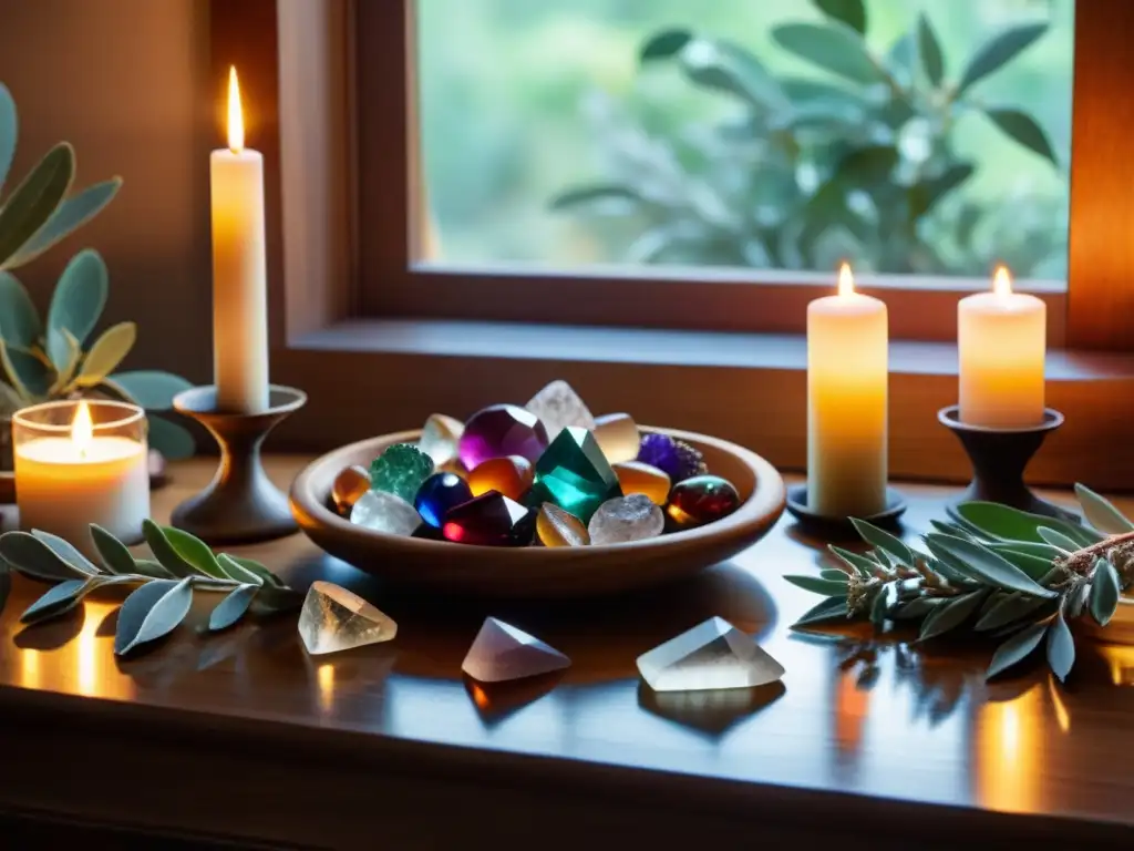 Una habitación serena iluminada por luz natural, con gemas y velas