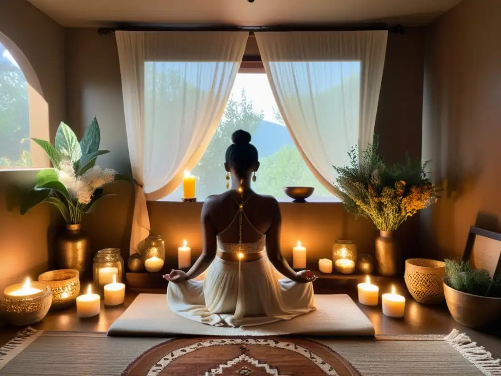 Una habitación serena iluminada tenuemente con un pequeño altar en la esquina, decorado con velas, cristales y hierbas secas