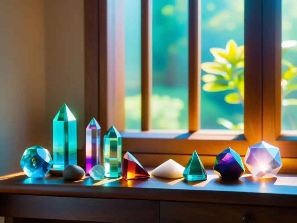 Una habitación serena iluminada por el sol con una colección de cristales curativos vibrantes y cuidadosamente dispuestos en un altar de madera