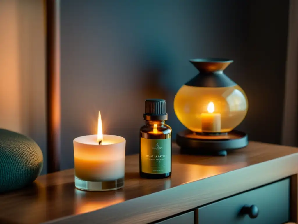 Una habitación tenue con esenciales para prácticas rituales sueño calidad descanso: aceites, difusor y vela, creando una atmósfera tranquilizadora