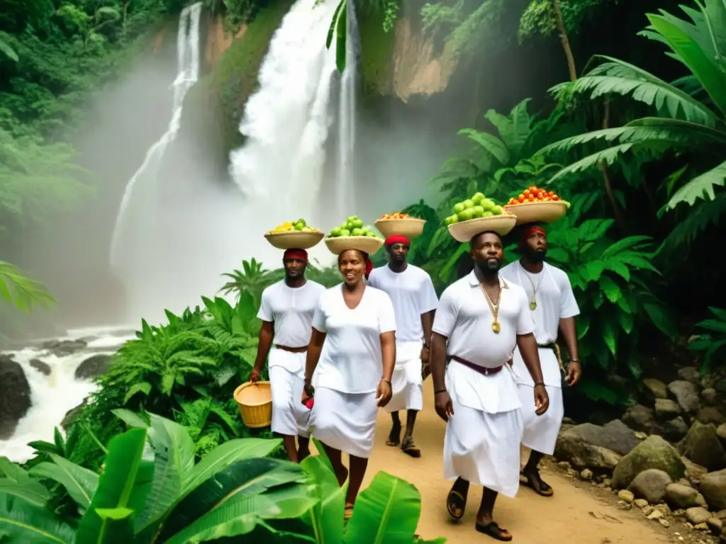 Haitianos en procesión al Saut d'Eau, llevando ofrendas y cantando, en un escenario tropical