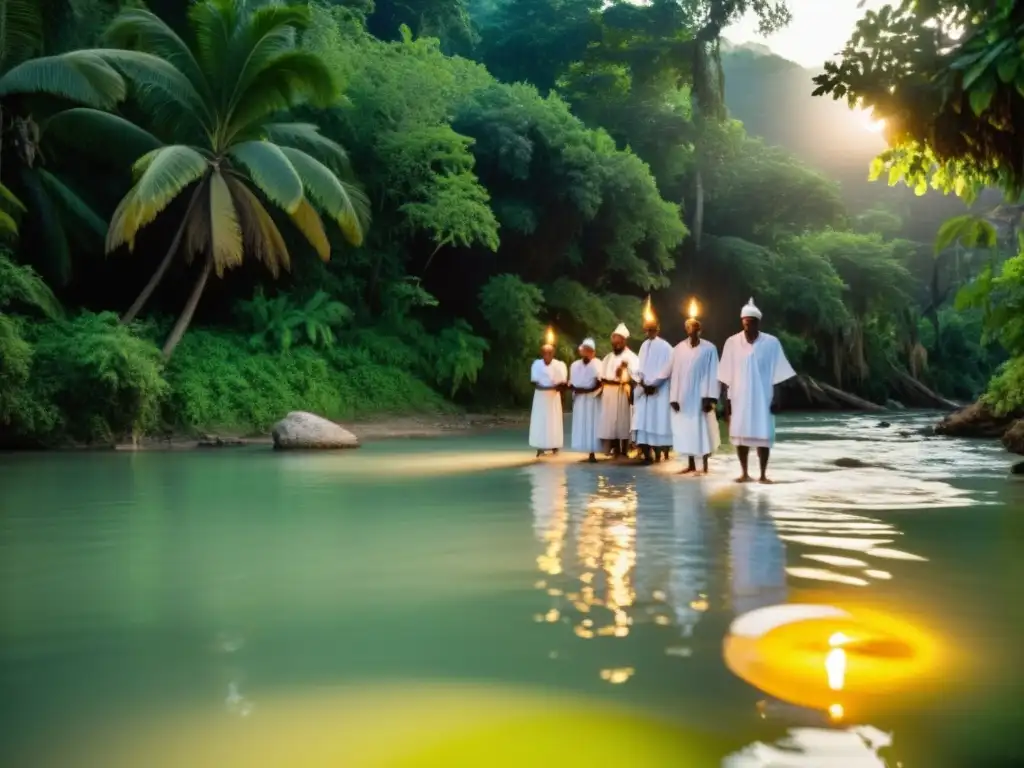 Haitianos en el Ritual del Saut d'Eau en Haití, con velas y ofrendas, en un río rodeado de vegetación exuberante