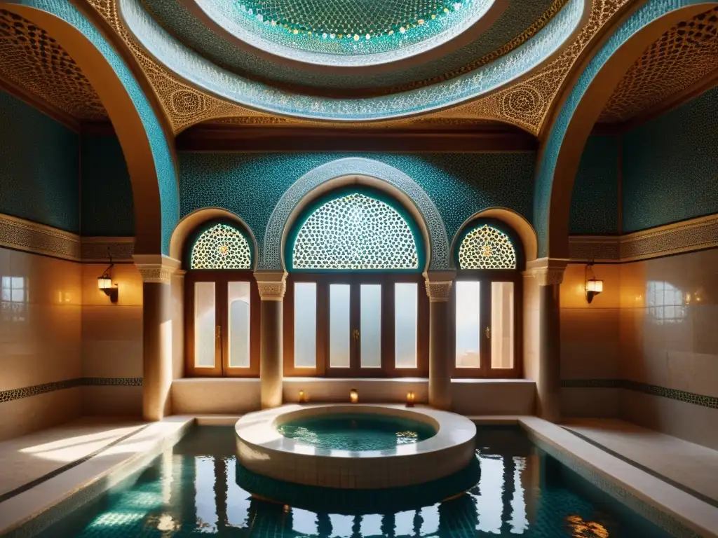 Un hammam tradicional con mosaicos intrincados, luz natural y siluetas en un ambiente de rituales de baños turcos tradicionales