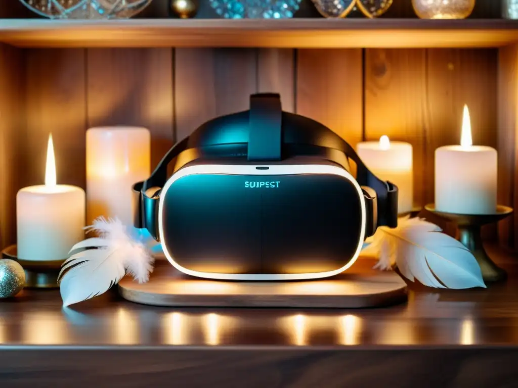 Un headset de realidad virtual iluminado por velas y objetos sagrados, fusionando lo digital con lo espiritual