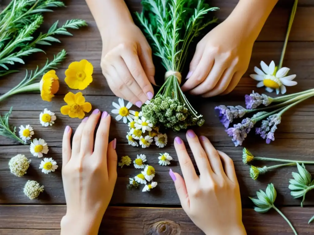 Un herborista experto arregla con cuidado hierbas y flores para rituales de bienestar herbolaria