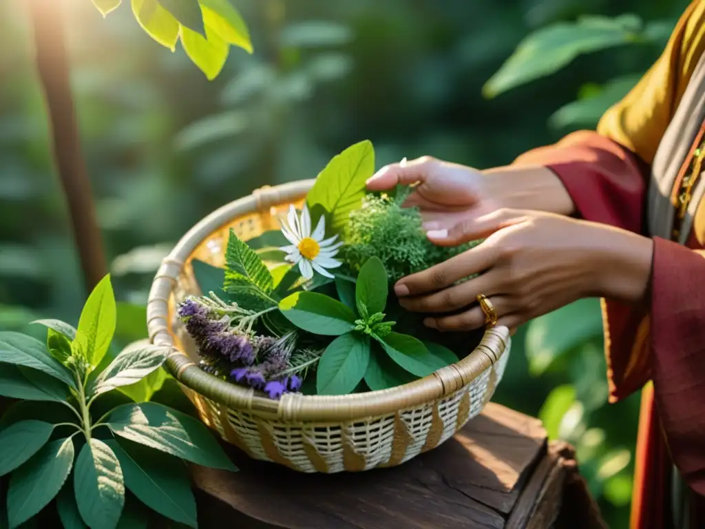 Un herborista recolecta plantas en un bosque exuberante al atardecer, en fitoterapia en rituales de equinoccio