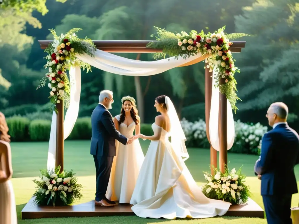 Una hermosa ceremonia de bodas judías con un dosel nupcial adornado con flores, creando un ambiente sereno y encantador