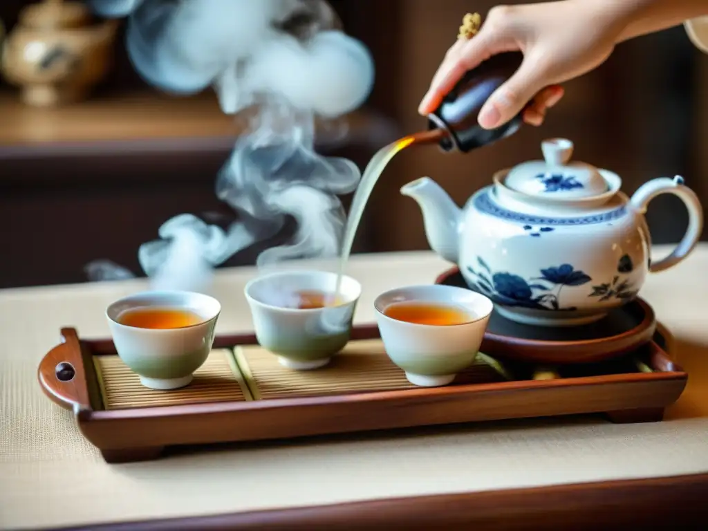 Una hermosa ceremonia de té chino con influencia de especias en rituales, con delicado set de té y maestro en traje tradicional