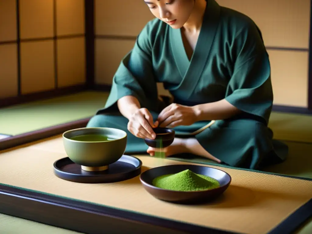 Una hermosa Ceremonia del Té en una habitación serena y minimalista, exudando paz y armonía