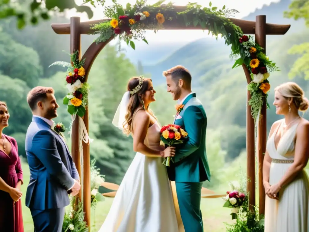 Una hermosa ceremonia de handfasting al aire libre en un frondoso claro del bosque