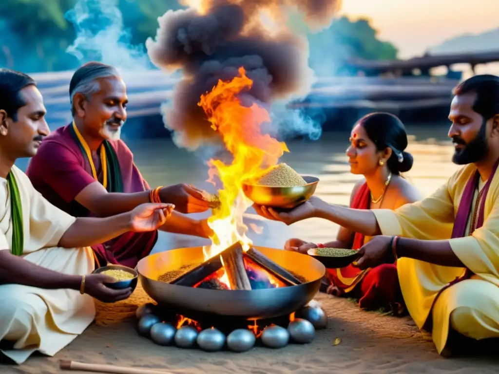 Hermosa ceremonia de Yajna hindú junto al río al atardecer, con sacerdotes realizando ofrendas al fuego sagrado