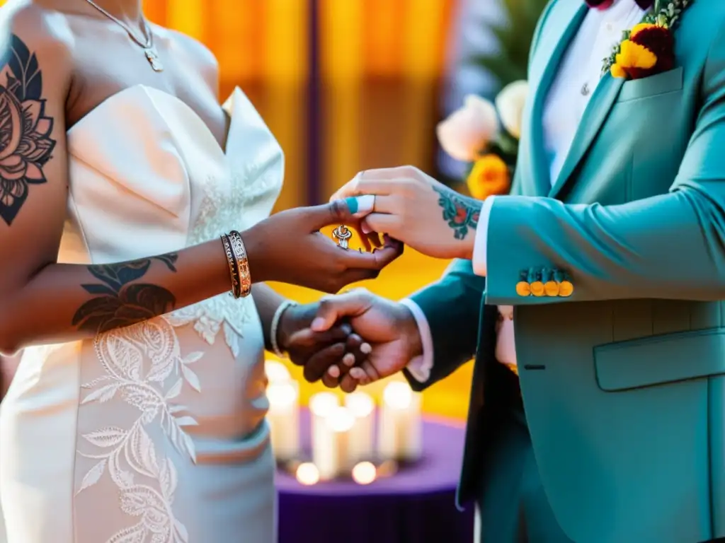 Una hermosa ceremonia de matrimonio no binario, con manos entrelazadas, tatuajes significativos y decoración inclusiva, irradiando amor y celebración