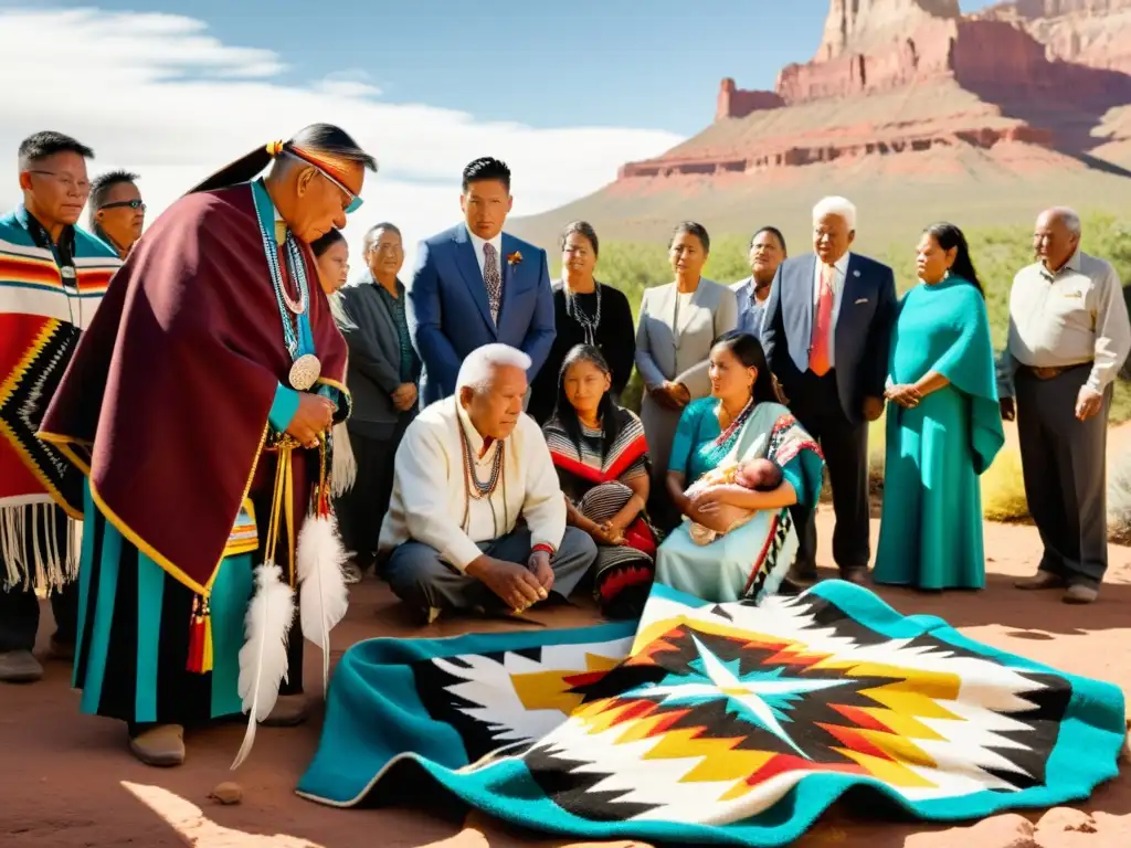 Una hermosa ceremonia de nombre para bebés Navajo al aire libre, con familiares reunidos alrededor de una colorida manta