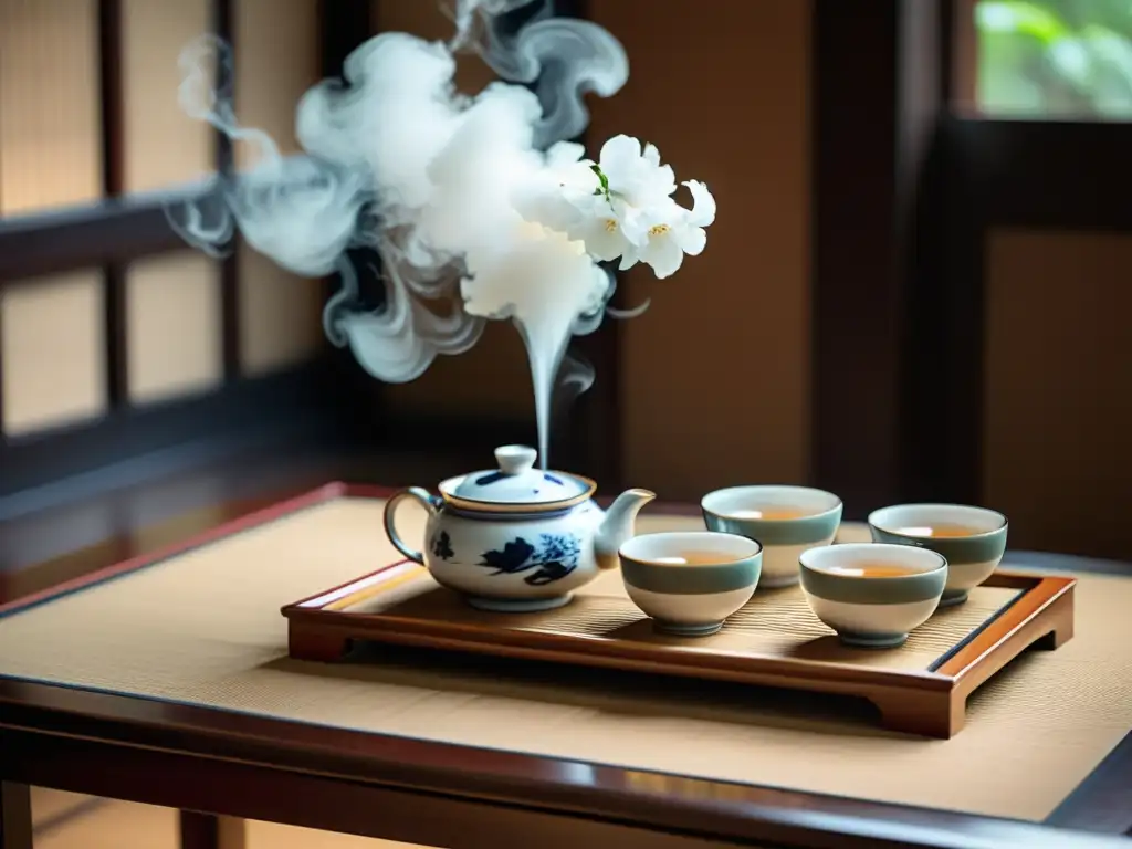 Una hermosa Ceremonia del Té taoísta, con una mesa de madera y delicadas tazas de porcelana, en un ambiente de serenidad y armonía espiritual