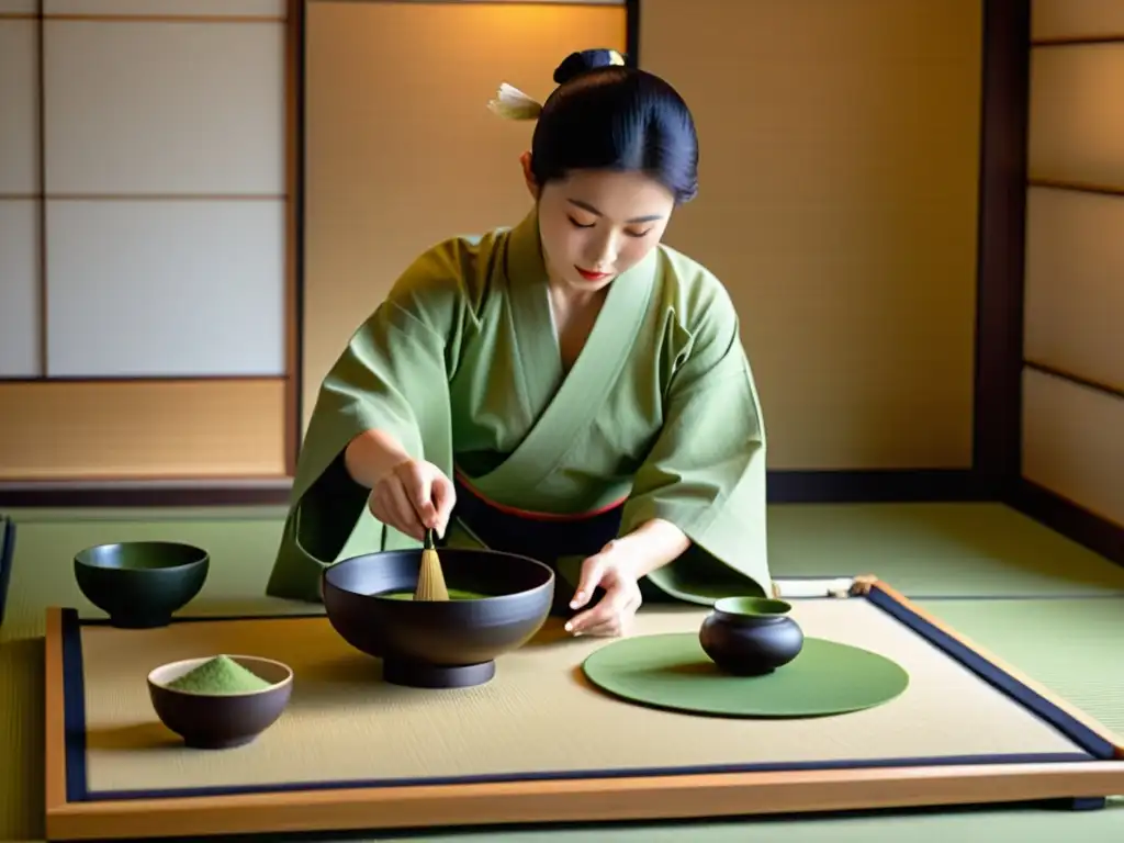 Una hermosa ceremonia del té matcha tradicional zen en una serena habitación tatami con luz suave y utensilios meticulosamente dispuestos