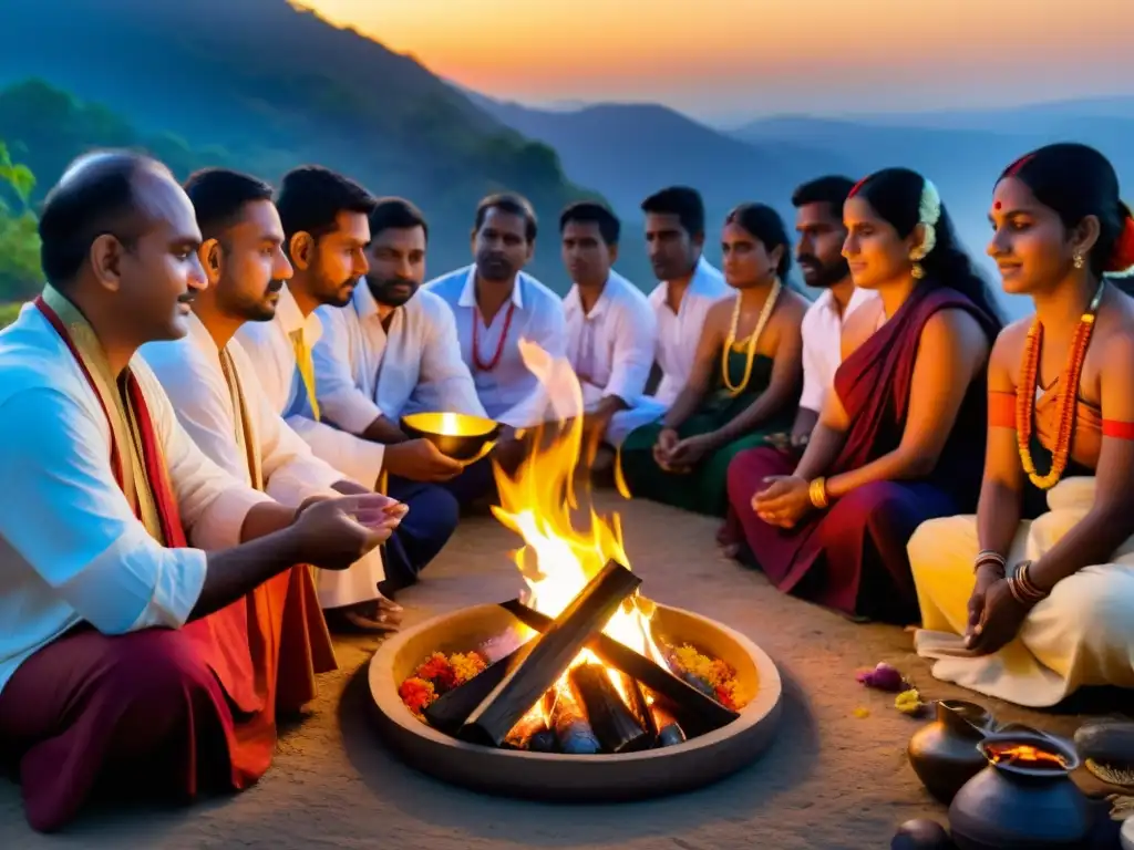 Una hermosa ceremonia de Yajna al amanecer, con participantes ofreciendo ofrendas al fuego sagrado