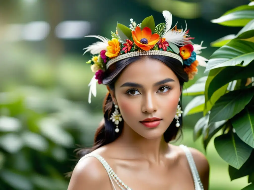 Una hermosa diadema de flores y plumas para rituales de boda mayas significado, resplandeciendo entre exuberante vegetación y luz suave