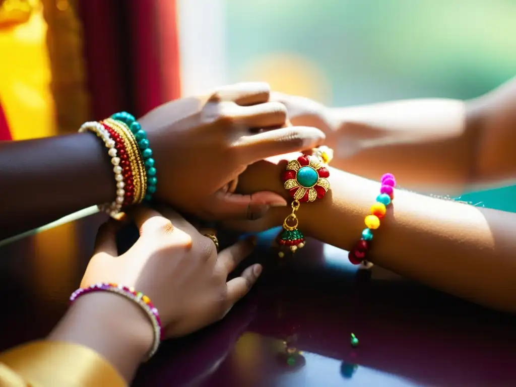 Una hermosa escena del significado del rito Raksha Bandhan, en la que una hermana ata con delicadeza un tradicional rakhi a la muñeca de su hermano, resplandeciendo con colores vibrantes y amor fraternal