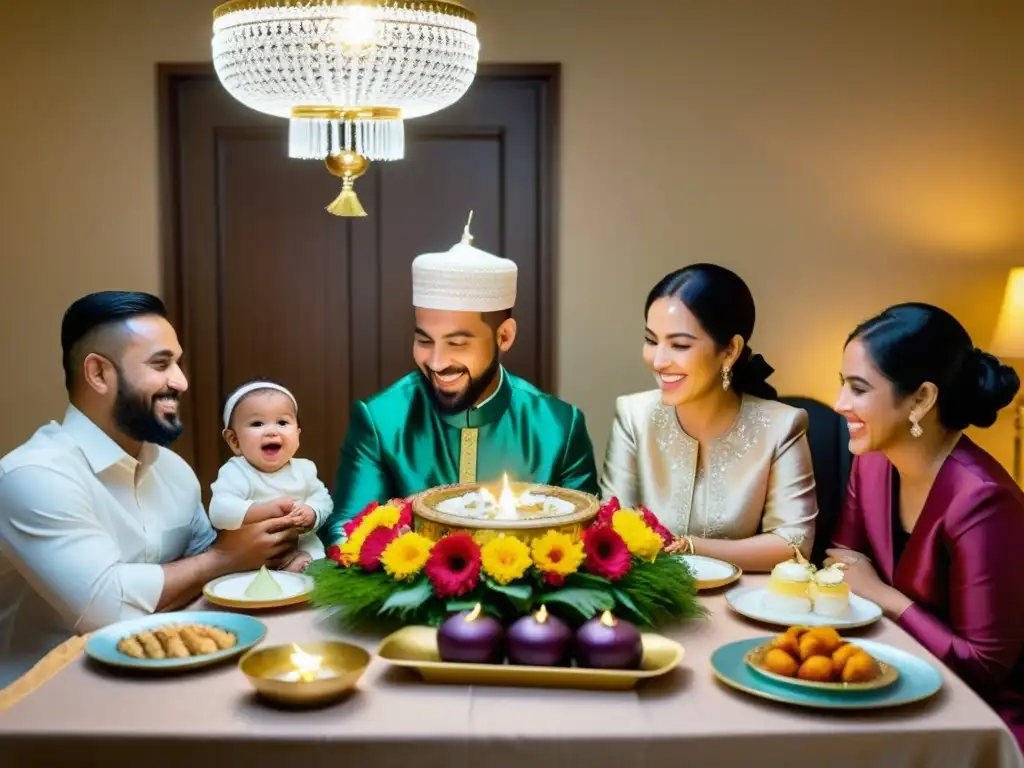 Una hermosa familia musulmana celebra el Aqiqah islámico para recién nacidos con alegría y tradición en una mesa decorada