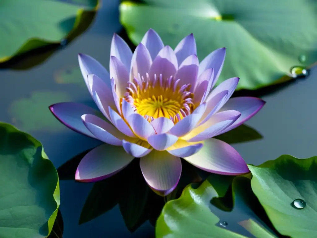 Una hermosa flor de loto púrpura flotando en un estanque sereno, perfecto para meditación con plantas sagradas para jardín meditación