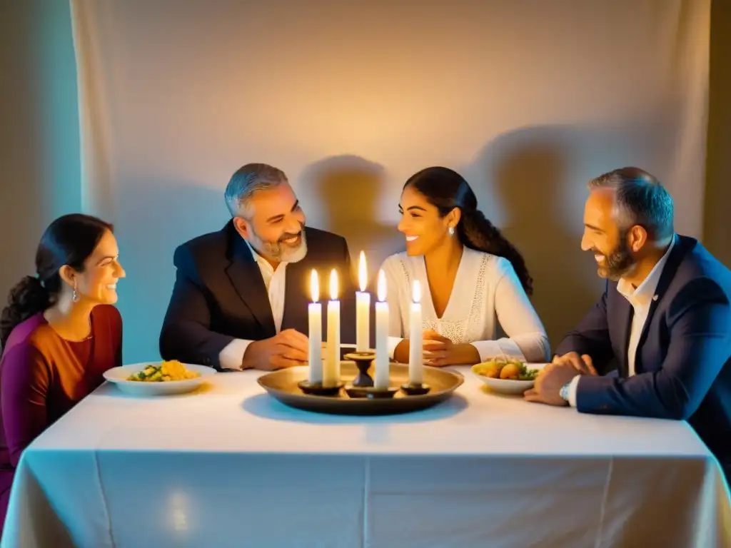 Una hermosa imagen de una familia reunida alrededor de la mesa del Shabat, compartiendo canciones y comida bajo la cálida luz de las velas