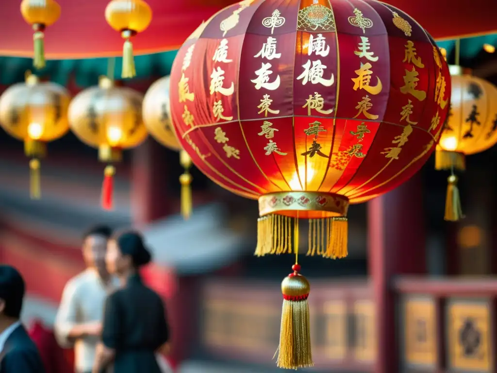 Una hermosa linterna china iluminada con detalles intrincados y colores vibrantes, en el ambiente festivo de la Fiesta de las Linternas en China