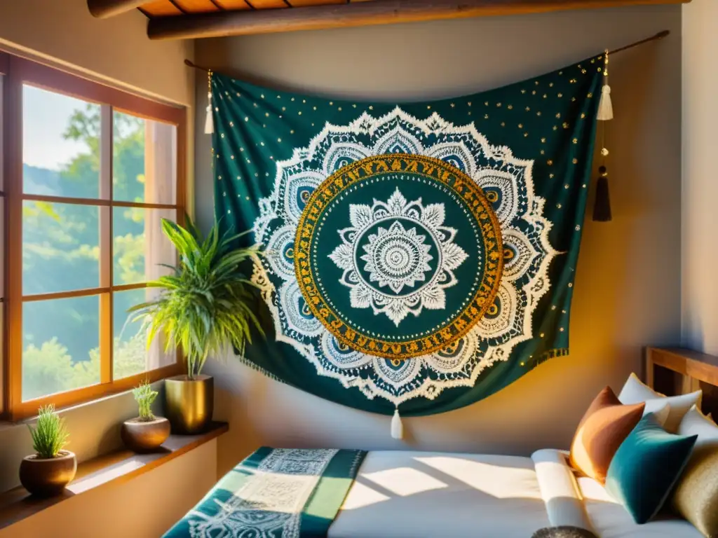 Una hermosa mandala decorativa rodeada de elementos rituales, con vibrantes colores y patrones detallados, iluminada por la luz dorada del sol