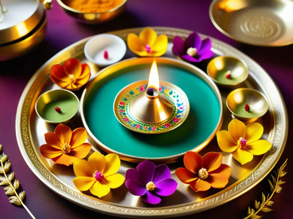 Una hermosa puja thali decorada con flores vibrantes, polvos coloridos e incienso, todo sobre un plato dorado brillante