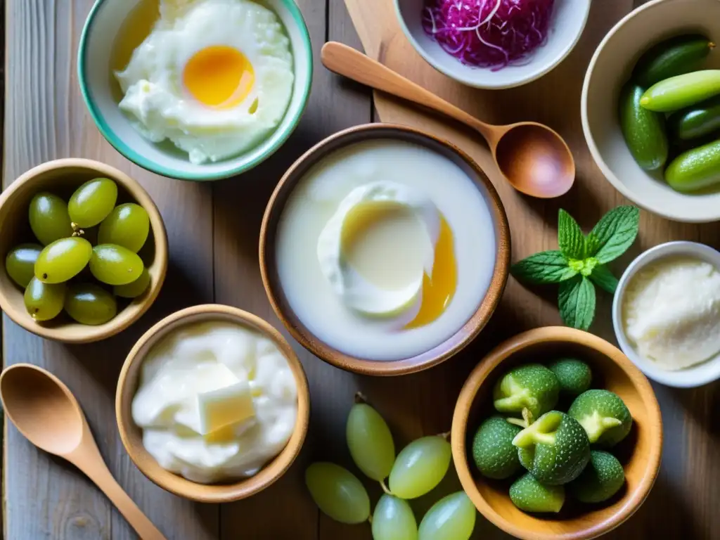 Una hermosa variedad de alimentos y bebidas ricos en probióticos exhibe su fermentación natural en una mesa rústica