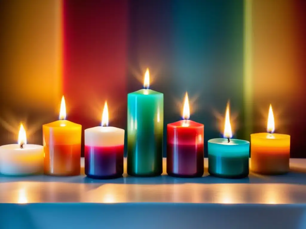 Un hermoso altar iluminado por velas de colores representando el significado de un ritual mágico