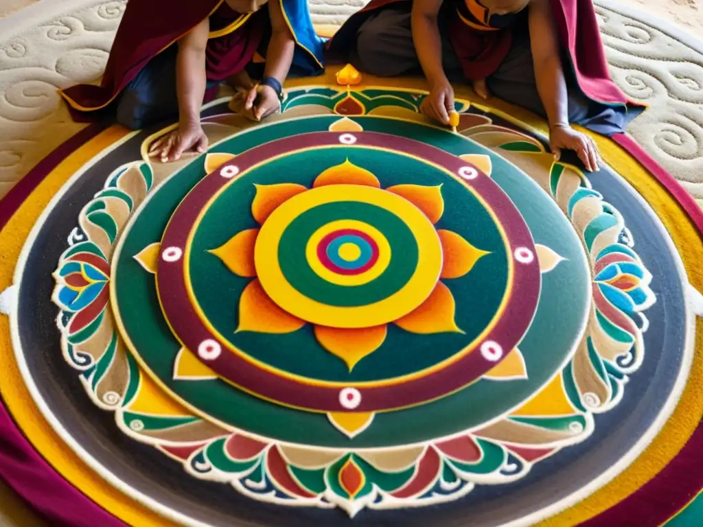 Hermoso mandala de arena creado ritualmente por monjes budistas tibetanos, mostrando colores vibrantes y patrones detallados