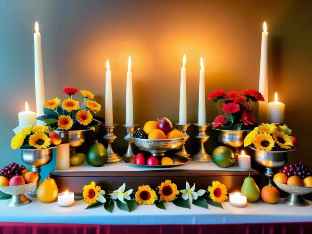 Un hermoso montaje de mesas de ofrenda en el hogar, adornado con flores, velas y ofrendas coloridas, creando una atmósfera culturalmente rica