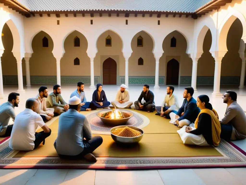 Un hermoso patio de mezquita con luz dorada, donde personas de distintas culturas y antecedentes se reúnen para romper el ayuno durante el Ramadán