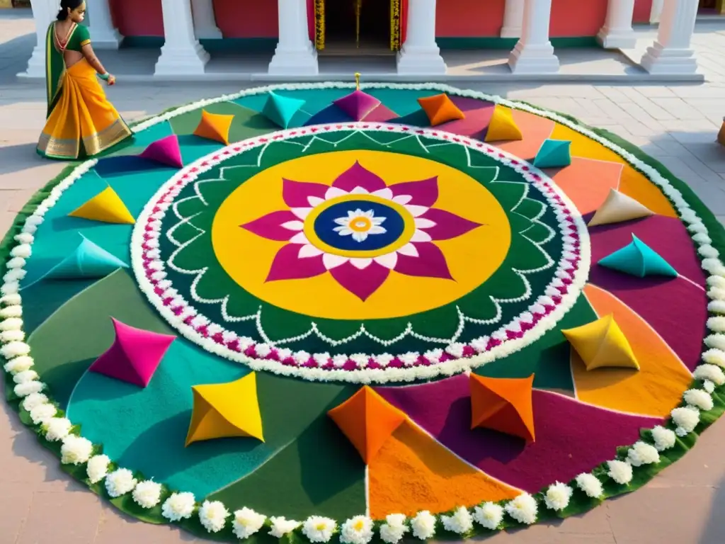 Un hermoso Rangoli en un templo hindú con mujeres adornando el diseño