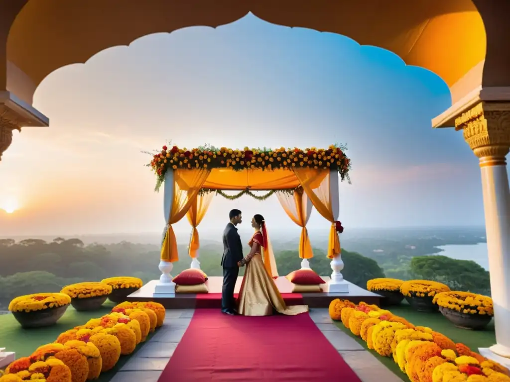 Un hermoso ritual matrimonio hindú significado con mandap adornado de flores vibrantes y telas de seda, ambientado en antiguas ruinas de templo al atardecer