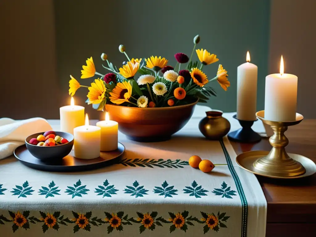 Preparar hogar rituales equinoccio: Mesa bellamente decorada con flores, velas y objetos simbólicos, bañada en cálida luz natural