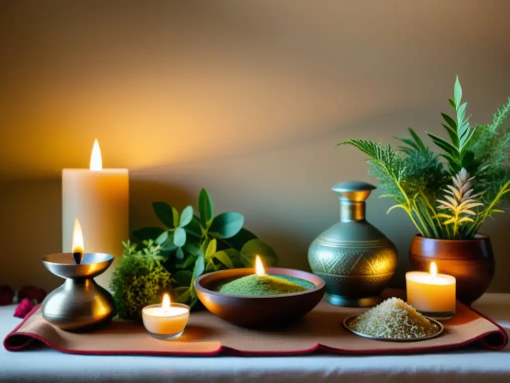 Altar hindú con hierbas Ayurveda y yoga Un hogar tradicional en la India con un altar decorado con hierbas ayurvédicas, aceites y objetos sagrados
