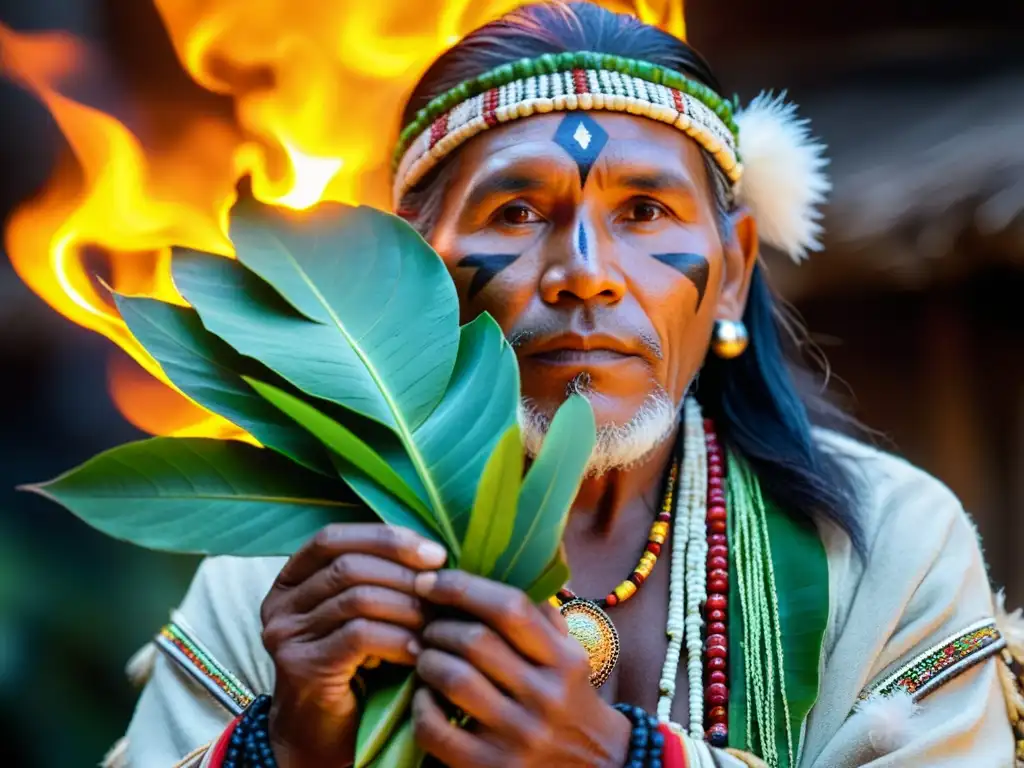 Shamán indígena sostiene hojas de coca en ceremonia sagrada, evocando sabiduría ancestral y tradición espiritual