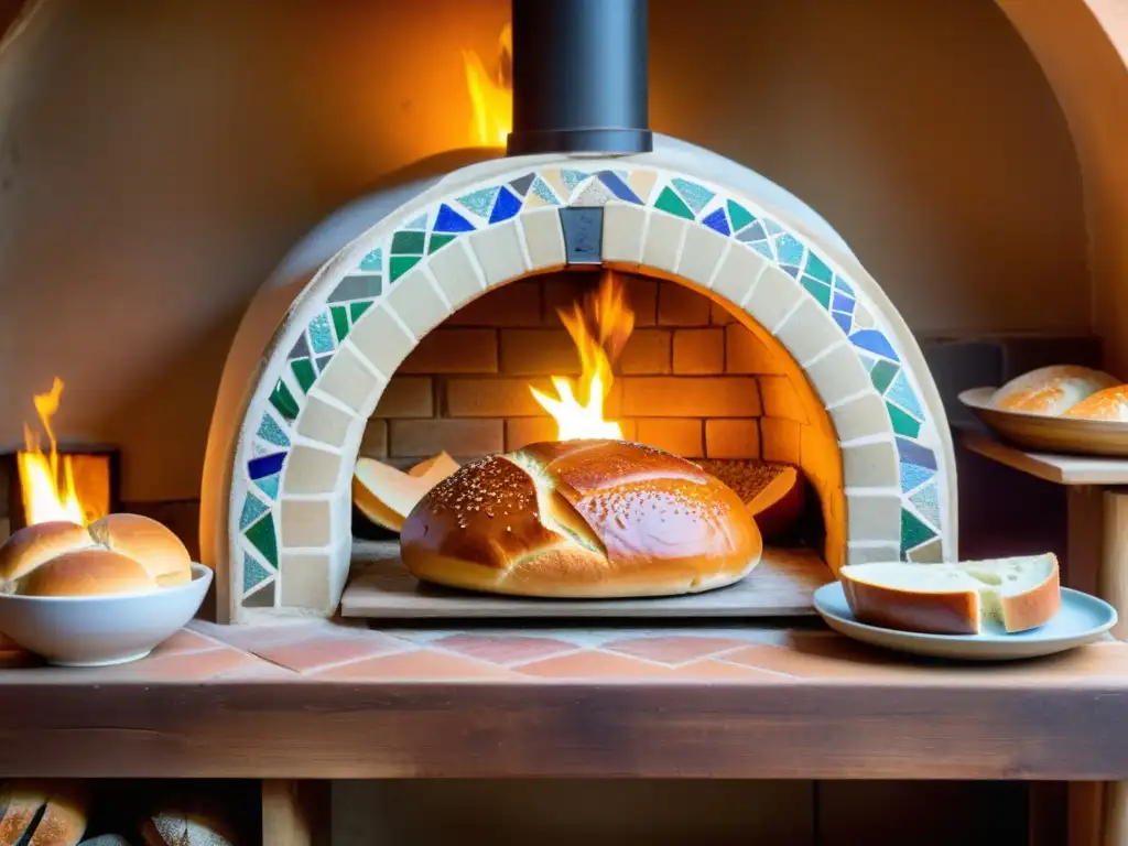 Un horno de leña tradicional con pan recién horneado en una escena cálida y acogedora, evocando un significado profundo en los rituales de horneado