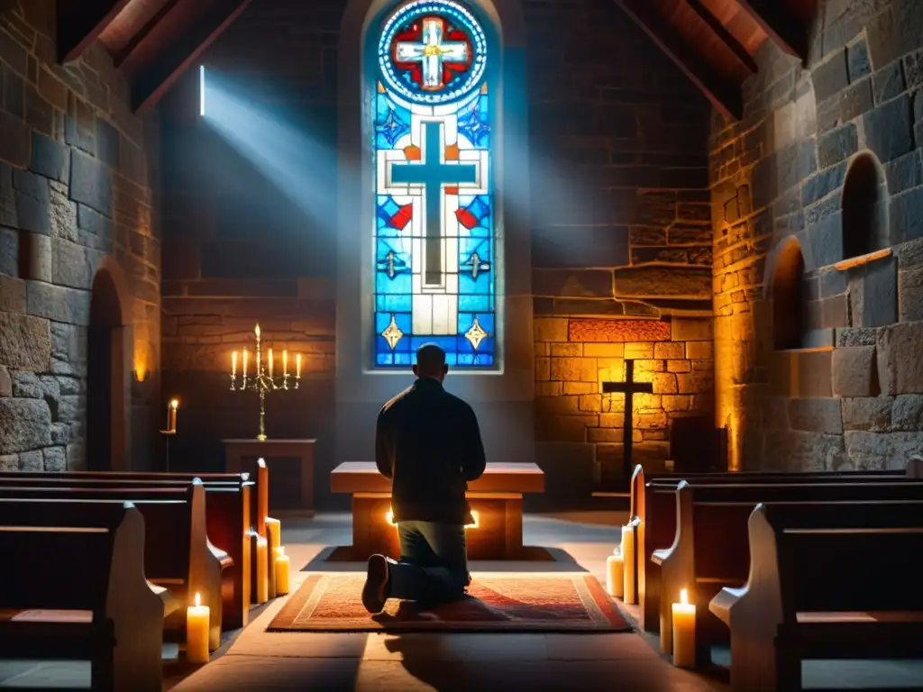 En una iglesia iluminada tenue, una figura solitaria reza arrodillada ante una cruz de madera tallada