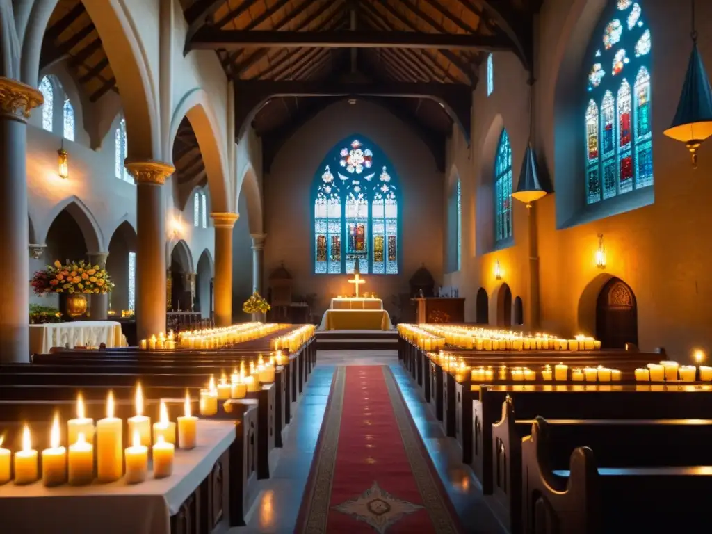 La iglesia está iluminada por velas, el altar adornado con flores frescas