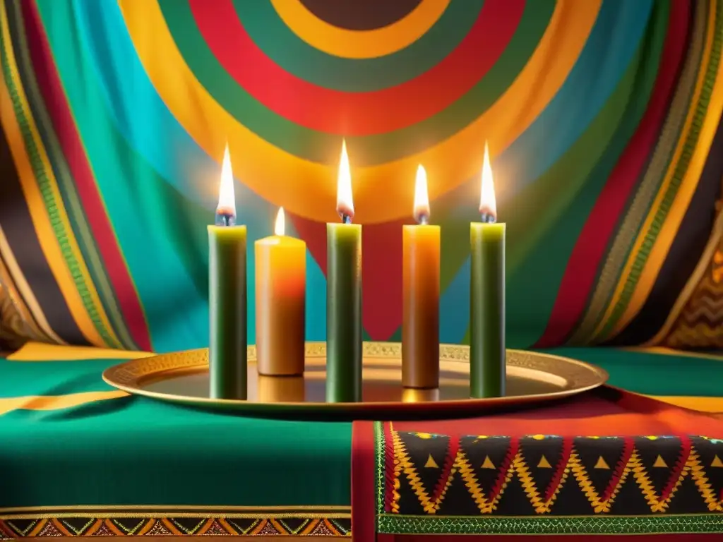 Kinara de Kwanzaa iluminada: tradición africana Un kinara iluminado resplandece con siete velas, cada una representando un principio de Kwanzaa