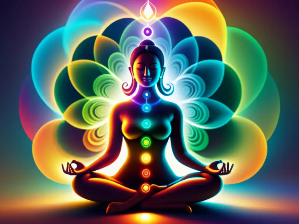 Una ilustración digital detallada de una figura serena meditando rodeada de energía vibrante y colorida, representando los chakras