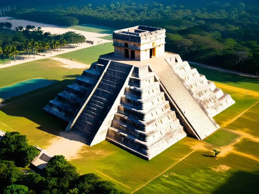 Imagen aérea de alta resolución del Templo de Kukulcán en Chichén Itzá, destacando la geometría sagrada en rituales y la belleza del diseño arquitectónico maya