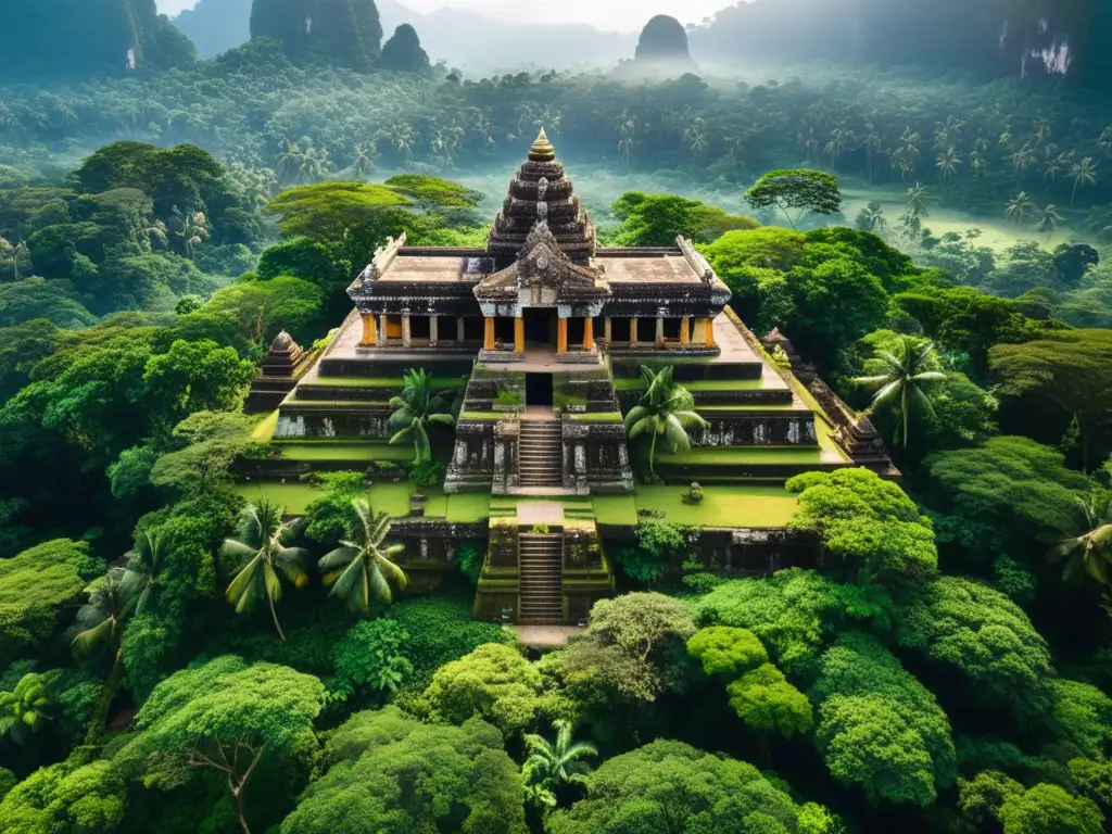 Imagen aérea de templo antiguo en selva exuberante, evocando la mística de las prácticas rituales sagradas geográficas