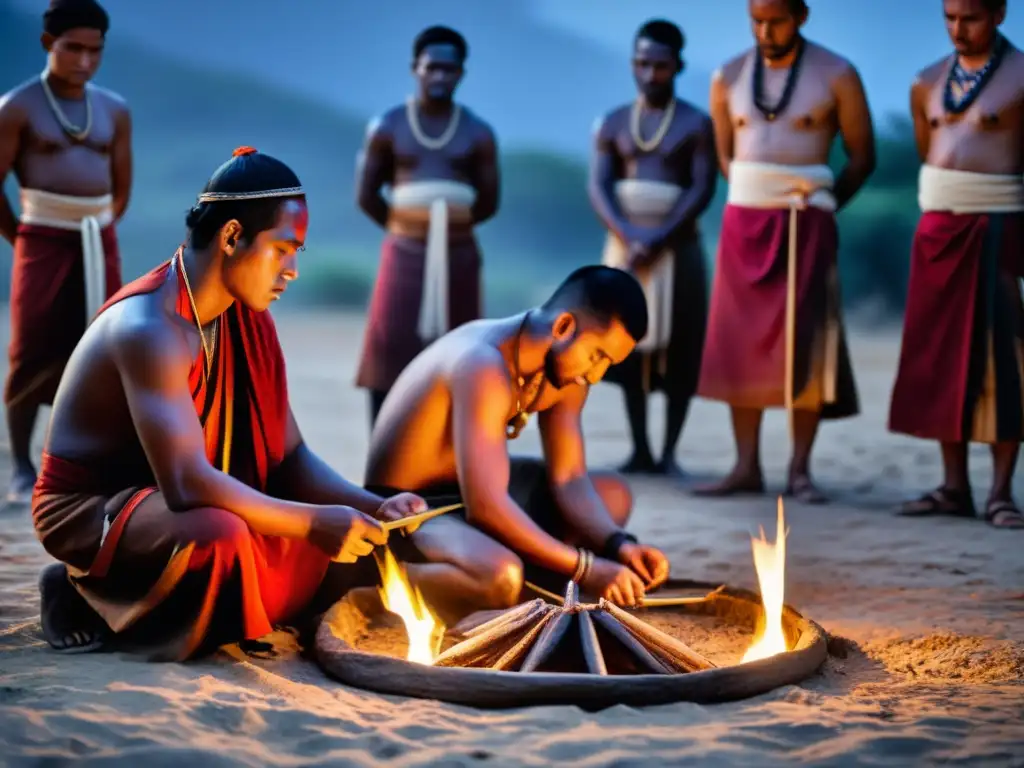 Imagen de alto contraste de un antiguo sitio ritual, con un grupo realizando un sacrificio animal tradicional
